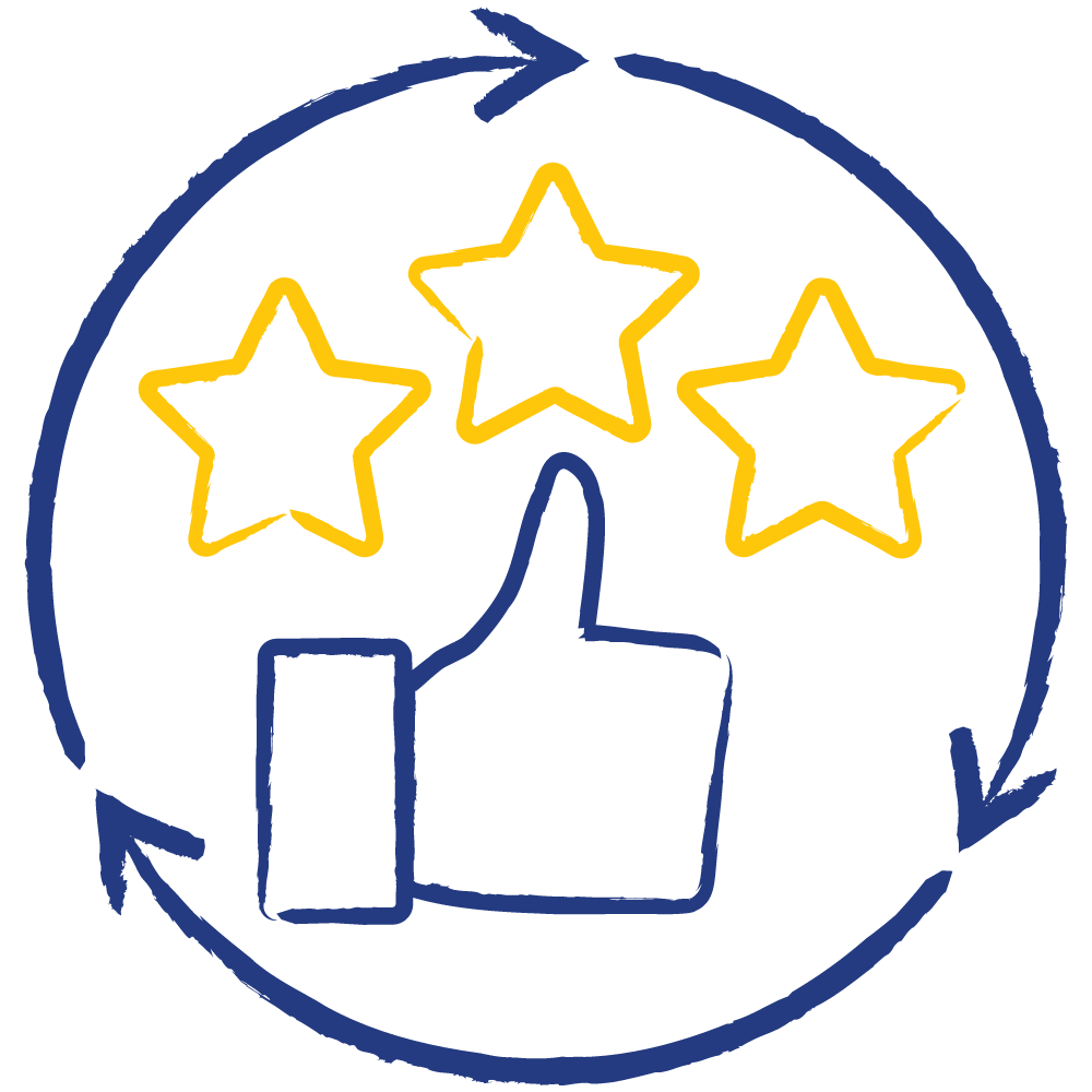 Illustration showing three arrows joined in a circular pattern with a thumbs in the middle and three gold stars