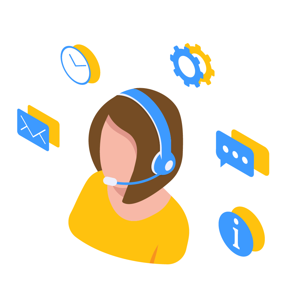An illustration showing a person wearing a headset with a microphone and various icons around their head