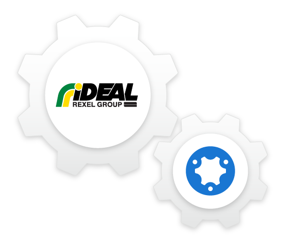 Illustration of Simpro and Ideal Electrical logos as connected gears and cogs