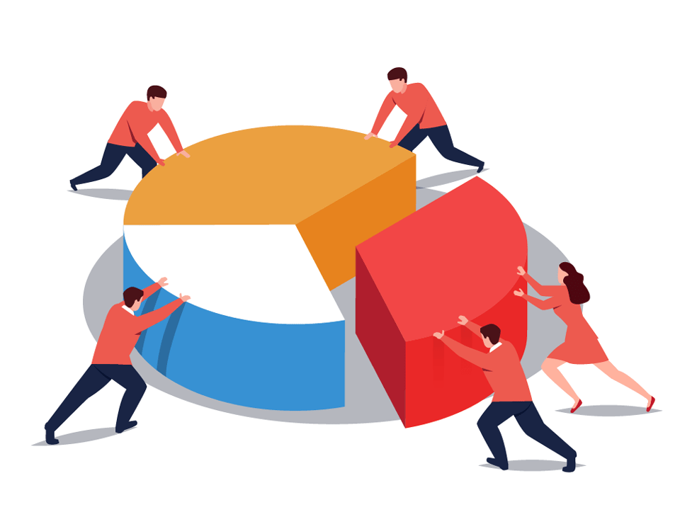 5 people working together on pie chart illustration