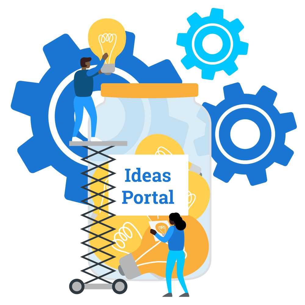 Illustration of 2 people putting light bulbs into a jar labelled Ideas Portal with gears in background