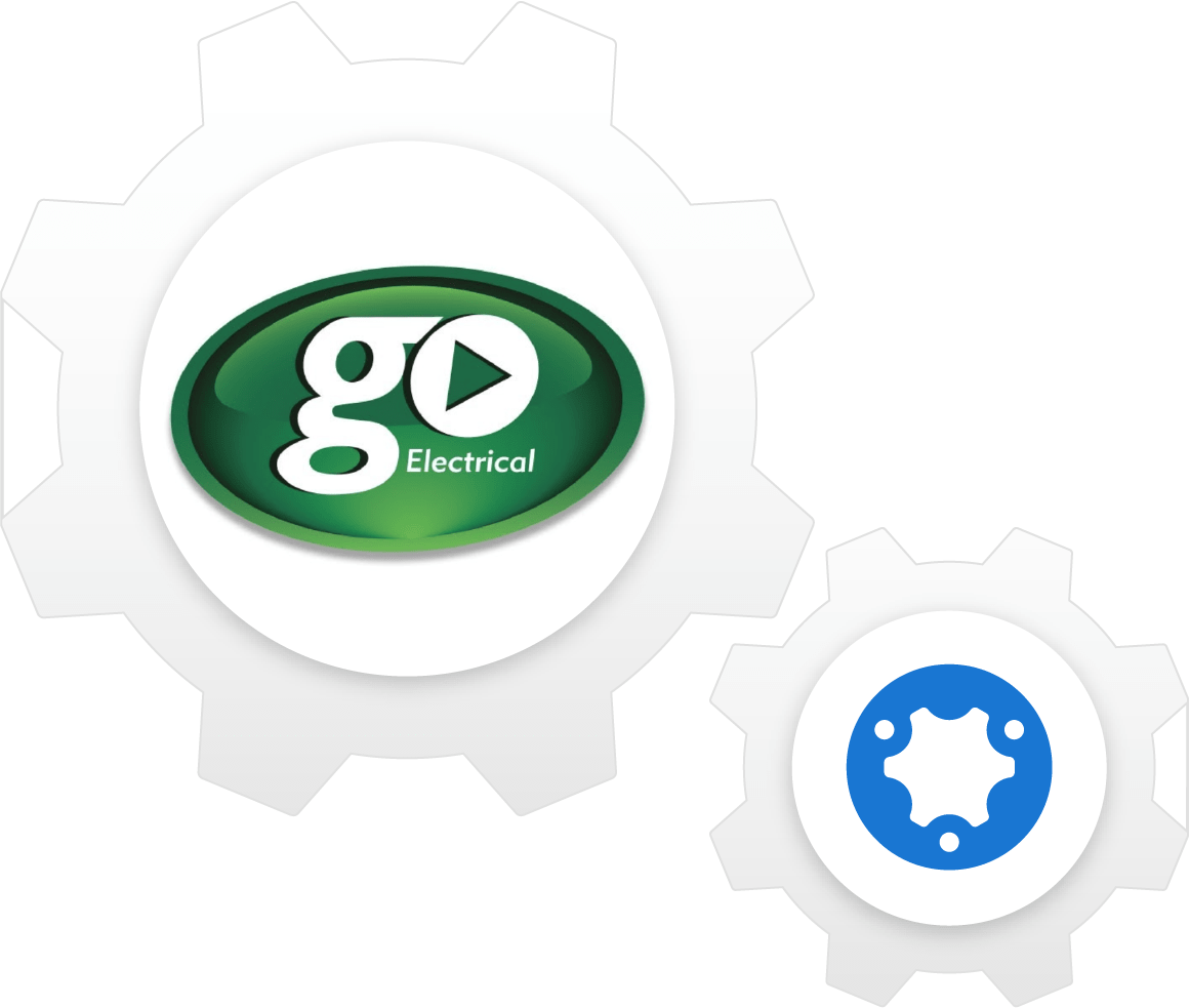 Simpro and GO Electrical logos in cogs composition
