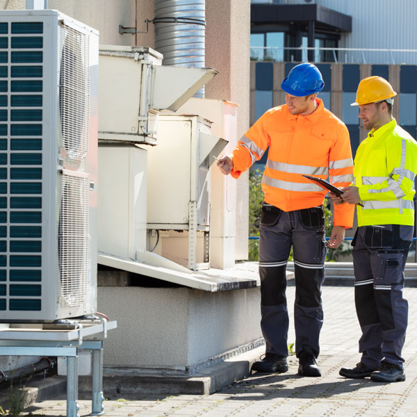 Two men with hard hats and high vis jackets looking at an HVAC unit