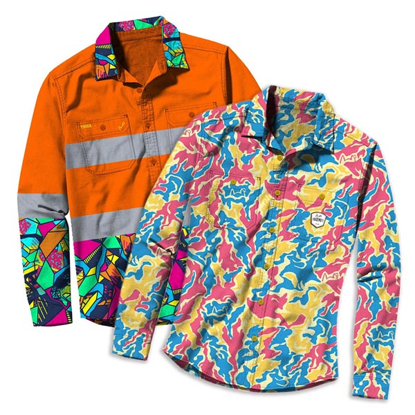 Trademutt 'conversation starter' workwear. Orange fluorescent shirt and Yellow, Pink Blue patterned shirt.