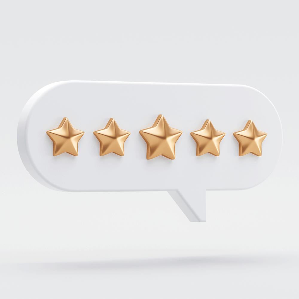 Five gold stars within a white speech bubble